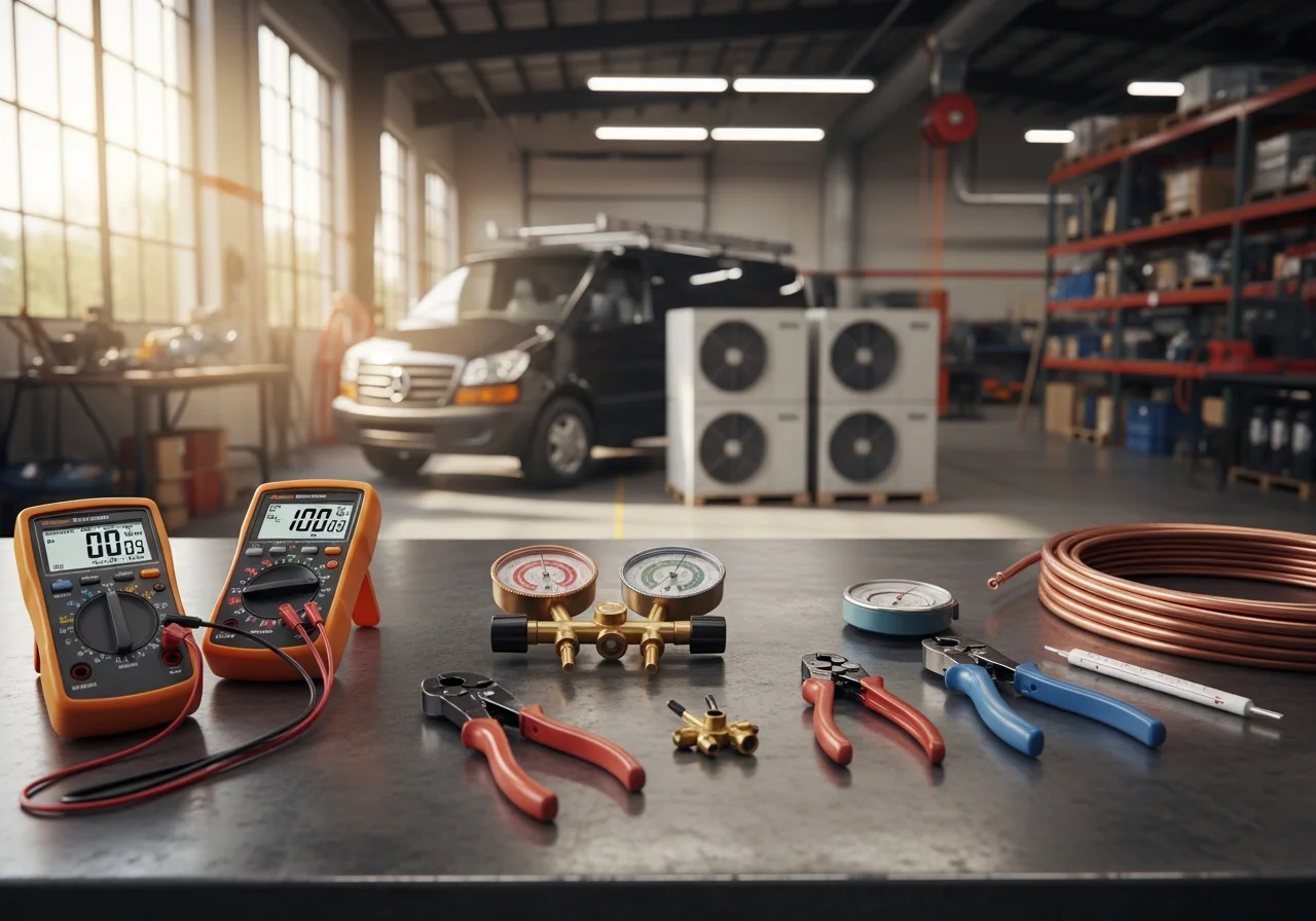 HVAC technician tools and equipment on a workbench, representing professional heating and cooling service readiness.