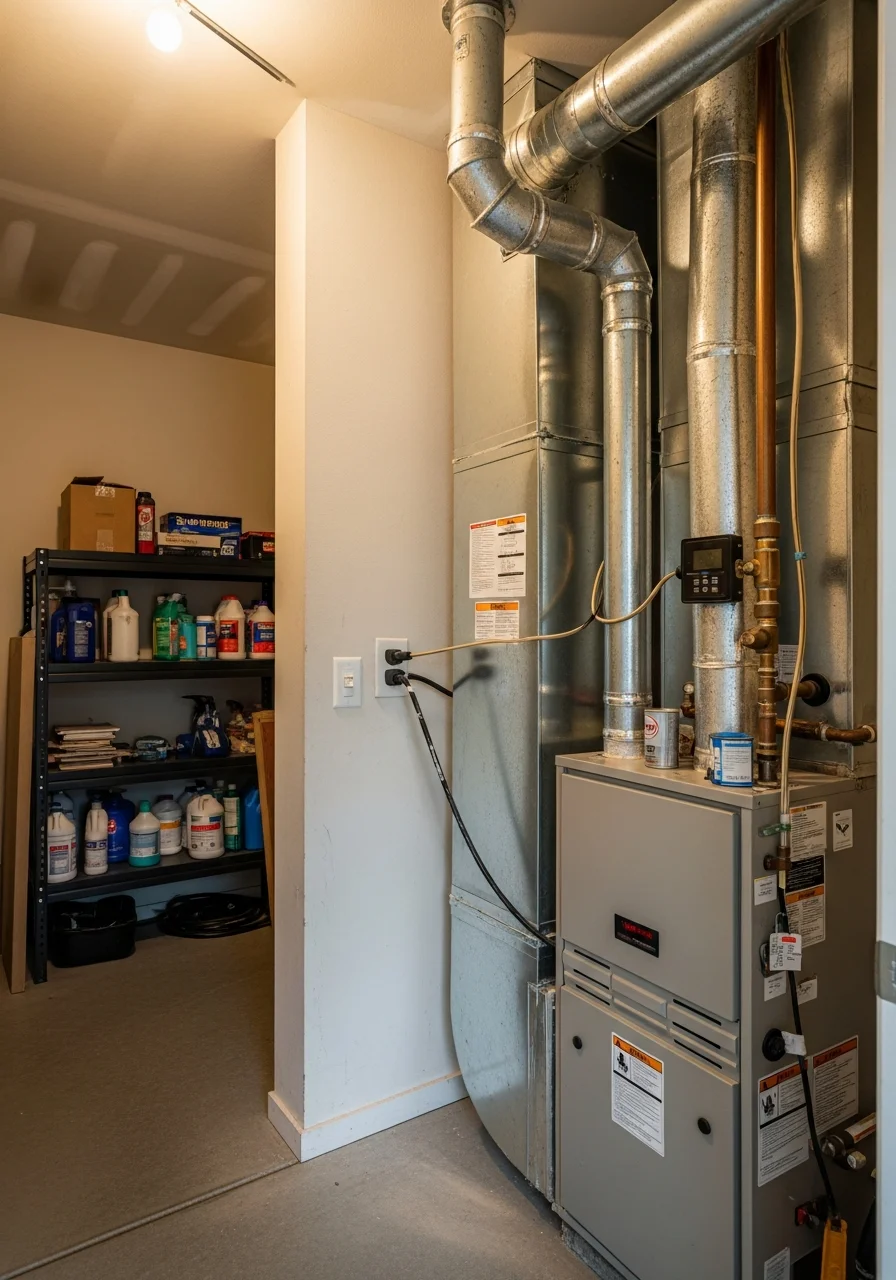 Air-Craft Heating and Air technician performing furnace maintenance in Dixon home