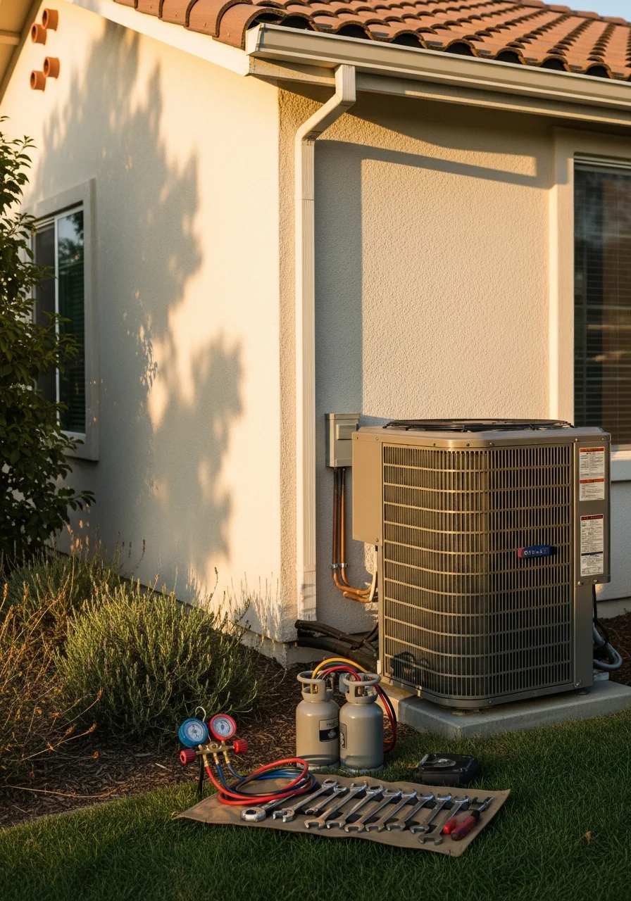 HVAC technician servicing air conditioning unit at Elk Grove home