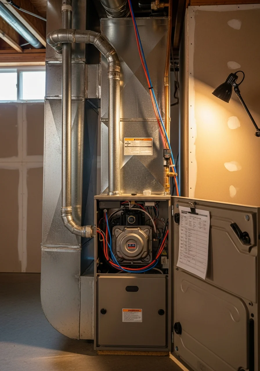 HVAC technician performing furnace maintenance on residential heating system