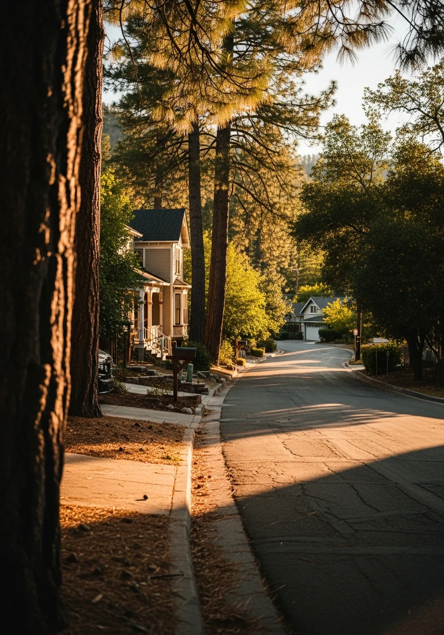 Grass Valley residential neighborhood with mountain views and mature trees