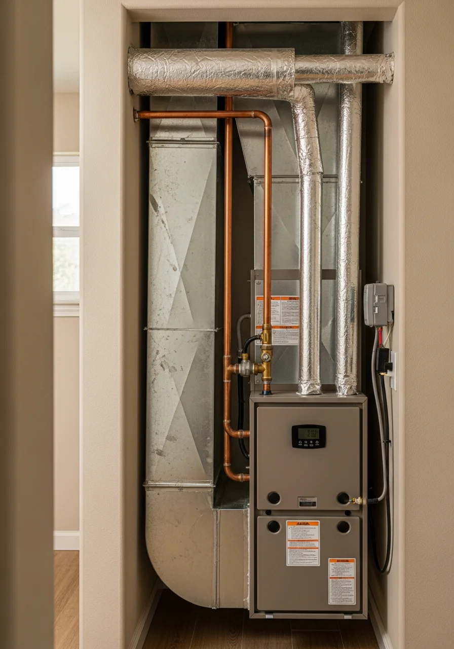 HVAC technician performing heating system maintenance in Lincoln home