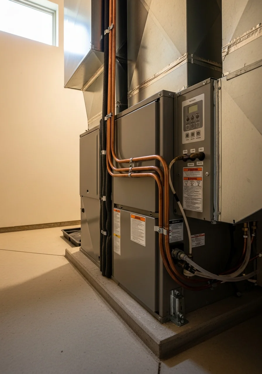 HVAC technician performing heating system maintenance on residential unit