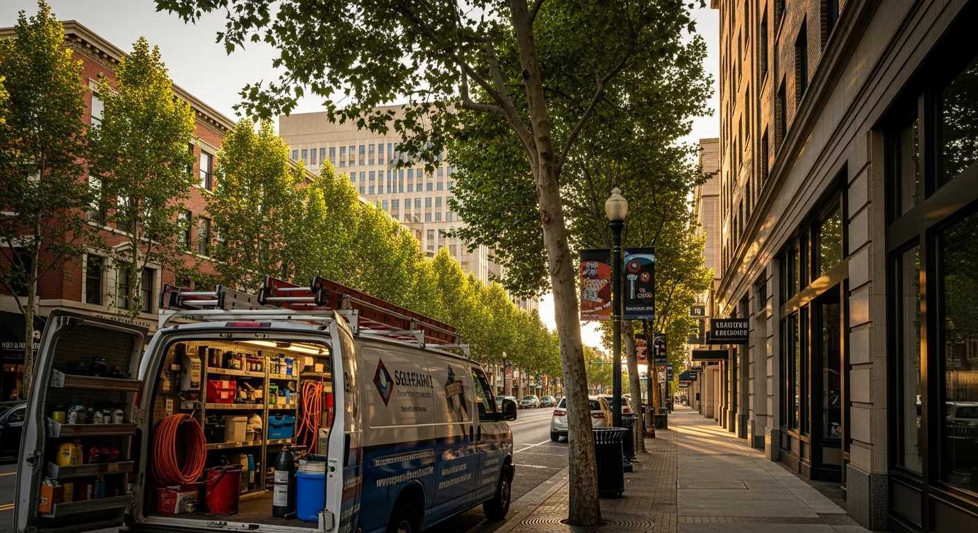 Sacramento downtown corridor with mixed-use buildings and tree-lined streets.