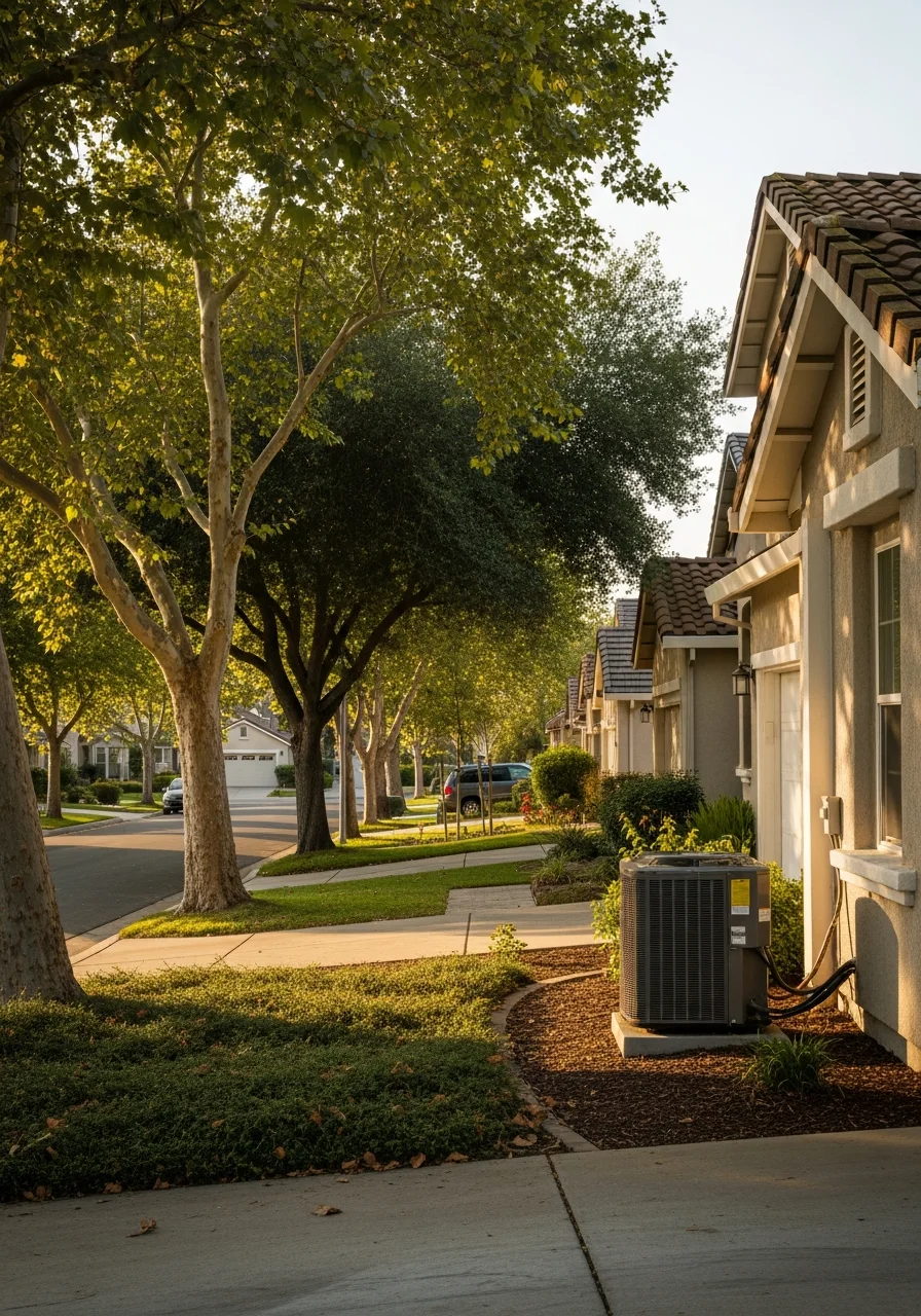 Modern residential neighborhood in West Sacramento with tree-lined streets and homes