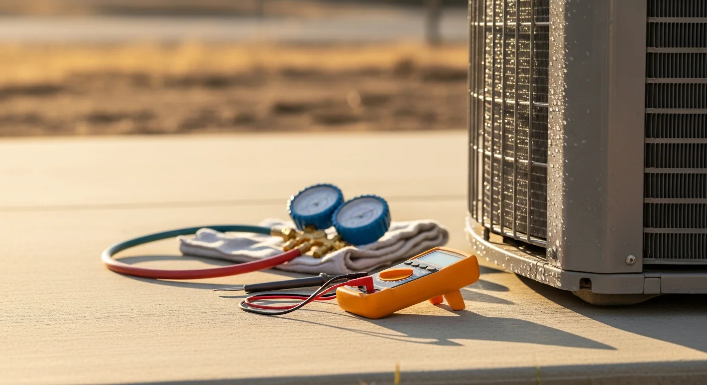 An Air-Craft Heating and Air technician inspecting the outdoor condenser unit of a residential AC system in Rancho Cordova. The technician is checking internal components during a scheduled maintenance visit on a clear, sunny day.