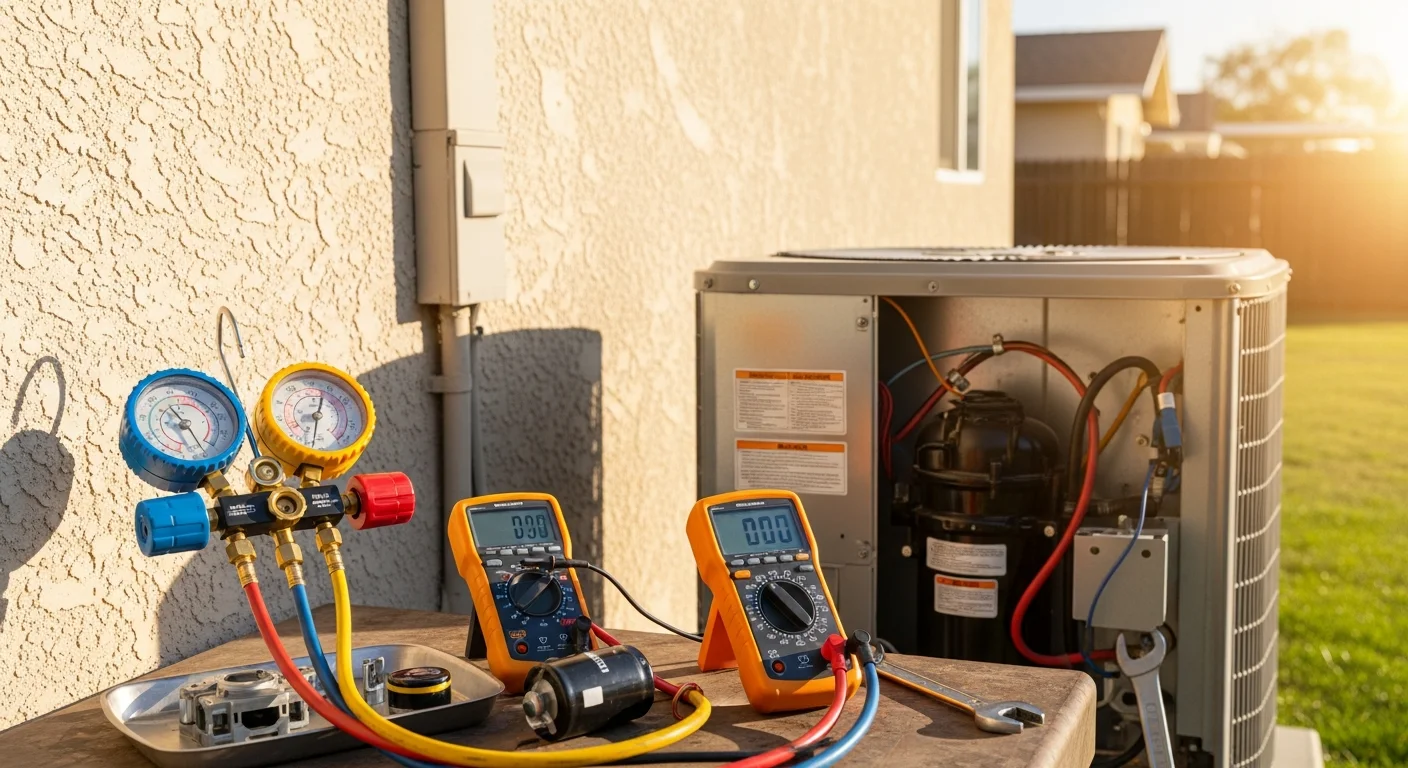 An Air-Craft Heating and Air technician inspecting a residential central air conditioning unit at a single-family home in Rancho Cordova, California. The outdoor condenser unit sits on a concrete pad beside the house on a clear, sunny day.