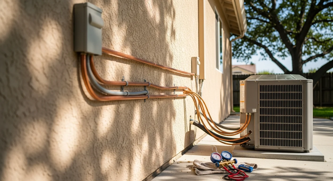 A newly installed central air conditioning unit on the side of a single-family home in Rancho Cordova, CA. The outdoor condenser sits on a concrete pad next to the house with clean refrigerant lines running into the exterior wall.