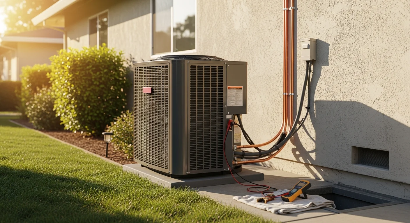 An Air-Craft Heating and Air technician completing an outdoor AC condenser installation beside a single-story ranch-style home in Rancho Cordova, California. The unit is mounted on a concrete pad with refrigerant lines routed neatly along the exterior wall.