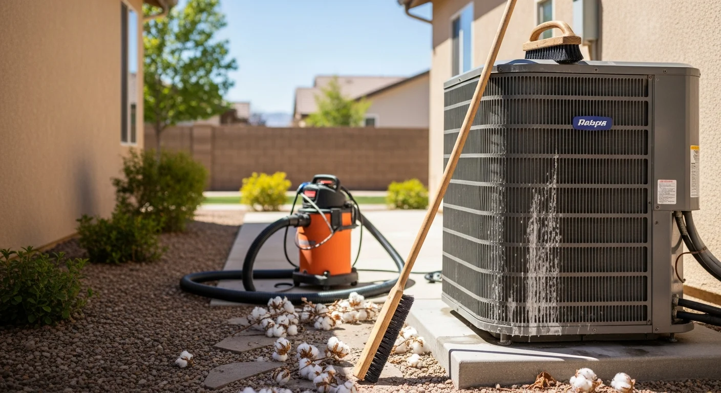 An Air-Craft Heating and Air technician cleaning the condenser coil on a residential outdoor AC unit in Rancho Cordova, California. The coil fins are visibly clear of dust and debris after the cleaning service.