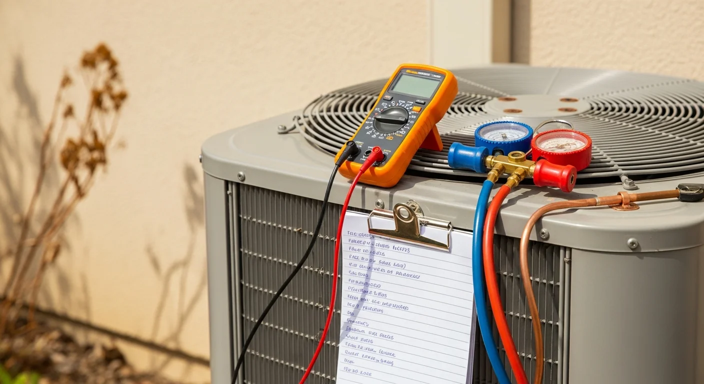 An Air-Craft Heating and Air technician inspecting the condenser unit of a residential central air conditioning system at a Rancho Cordova home. The technician is checking electrical connections and coil condition on the outdoor unit during a pre-summer cooling system inspection.