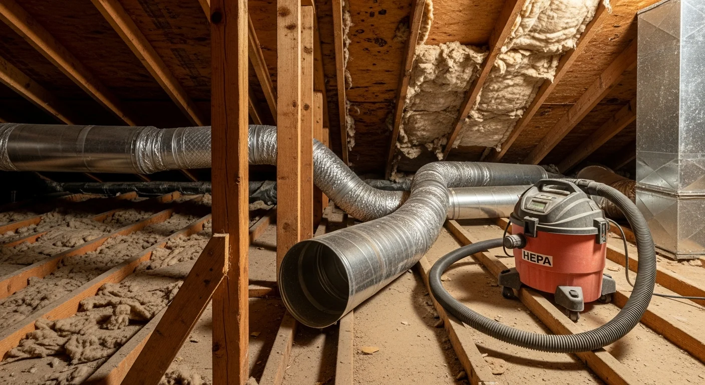 A technician from Air-Craft Heating and Air cleaning interior ductwork in a Rancho Cordova residential home, with a high-powered vacuum hose connected to an open supply register. Visible dust and debris are being extracted from the duct run during the cleaning process.