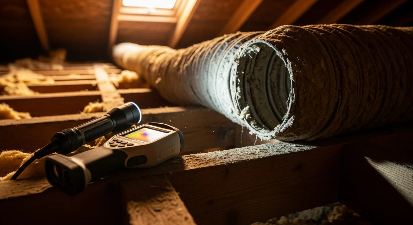 An Air-Craft Heating and Air technician inspecting attic ductwork in a Rancho Cordova home, checking flexible duct connections and joints for leaks and damage. The image shows accessible duct runs in a residential attic with visible insulation and supply line connections.