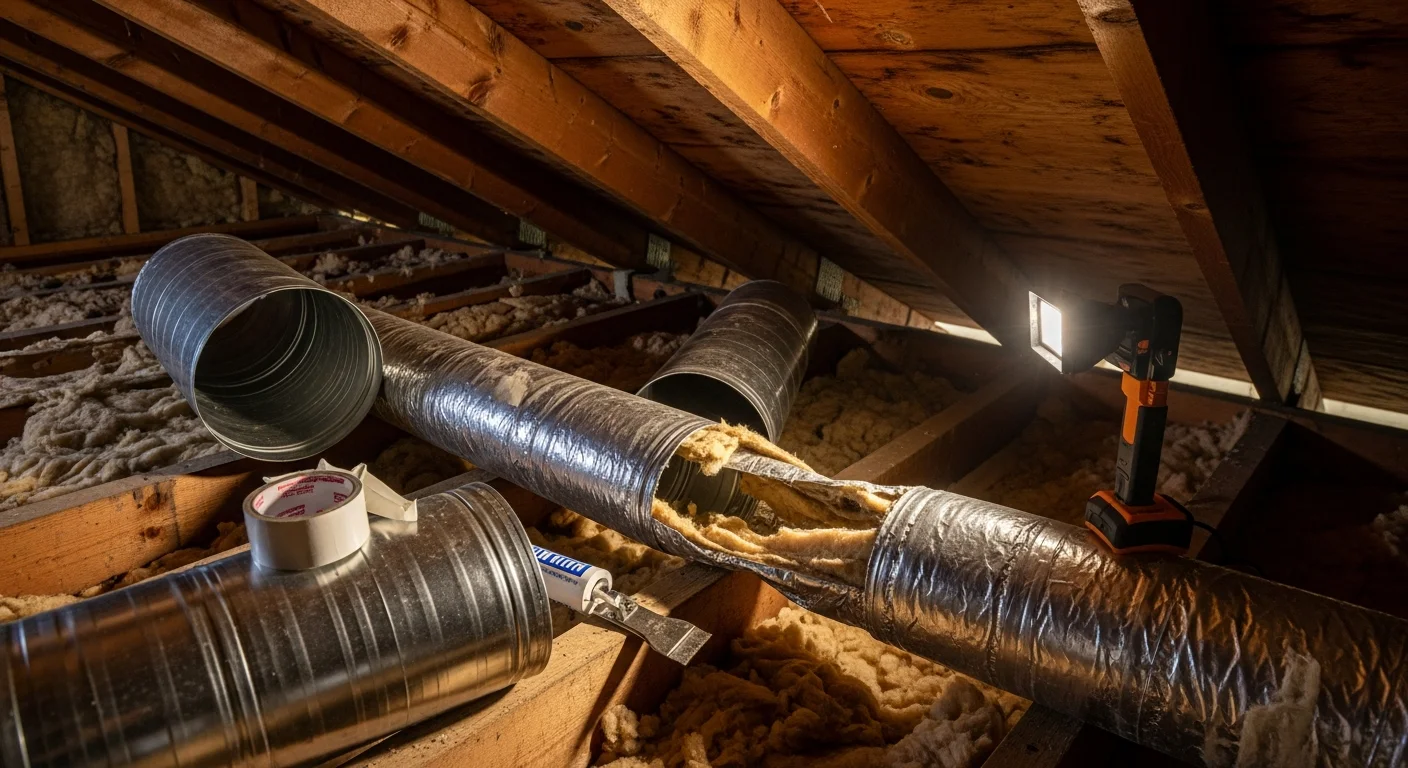 An HVAC technician sealing a disconnected flex duct connection in the attic of a Rancho Cordova home. The repair targets a gap where conditioned air was escaping before reaching the living space below.