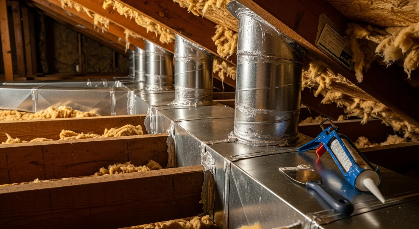 A technician from Air-Craft Heating and Air applying professional sealant to duct joints in the attic of a Rancho Cordova home. Flexible duct runs and sealed boot connections are visible in the foreground.