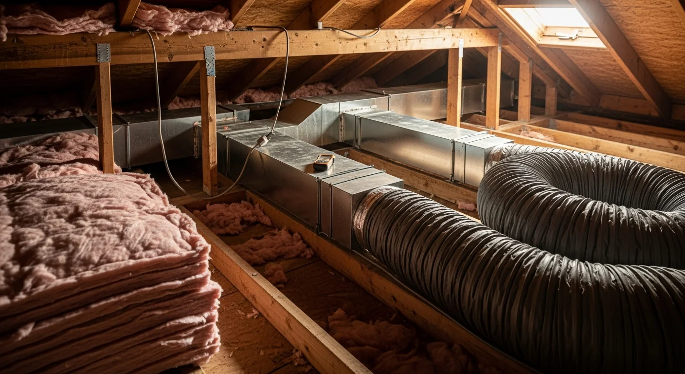 A technician from Air-Craft Heating and Air installing insulated ductwork in the attic of a single-family home in Rancho Cordova, California. New metal duct sections are connected and sealed at the joints above the living space below.