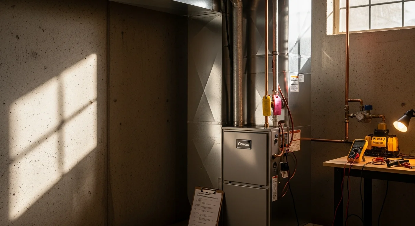 An Air-Craft Heating and Air technician completing a furnace installation inside a Rancho Cordova single-family home, with the new unit connected to the duct system in a utility closet. The technician is performing a final system check with the thermostat panel visible in the background.