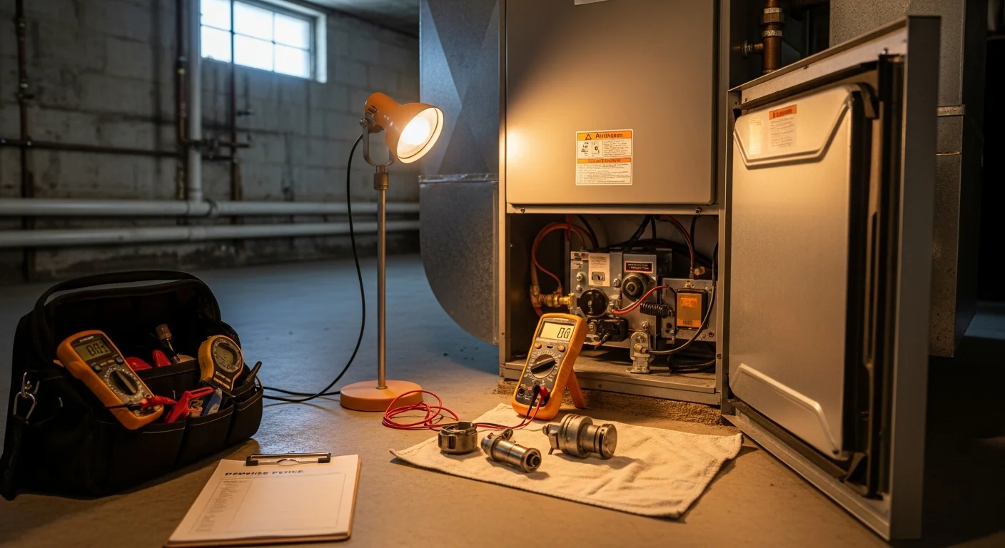 An Air-Craft Heating and Air technician inspecting the interior components of a gas furnace inside a Rancho Cordova home. The technician is examining the heat exchanger and burner assembly in a utility closet typical of mid-century Sacramento-area residential construction.