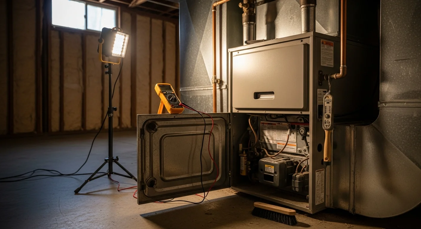An Air-Craft Heating and Air technician inspecting the interior components of a residential furnace during a tune-up visit in Rancho Cordova, CA. The technician examines the heat exchanger and burner assembly inside a utility room of a single-family home.