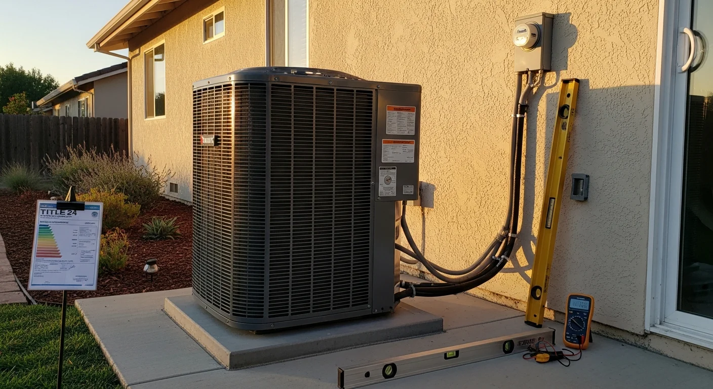 A newly installed heat pump outdoor condenser unit on a level concrete pad beside a single-family home in Rancho Cordova, California. The unit is positioned with clear side clearances against a stucco exterior wall under a clear Sacramento Valley sky.