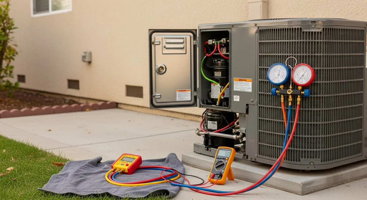 An Air-Craft Heating and Air technician inspecting the outdoor coil and electrical components of a residential heat pump unit at a Rancho Cordova home. The system is mounted on a concrete pad alongside a single-story house on a clear, sunny day.