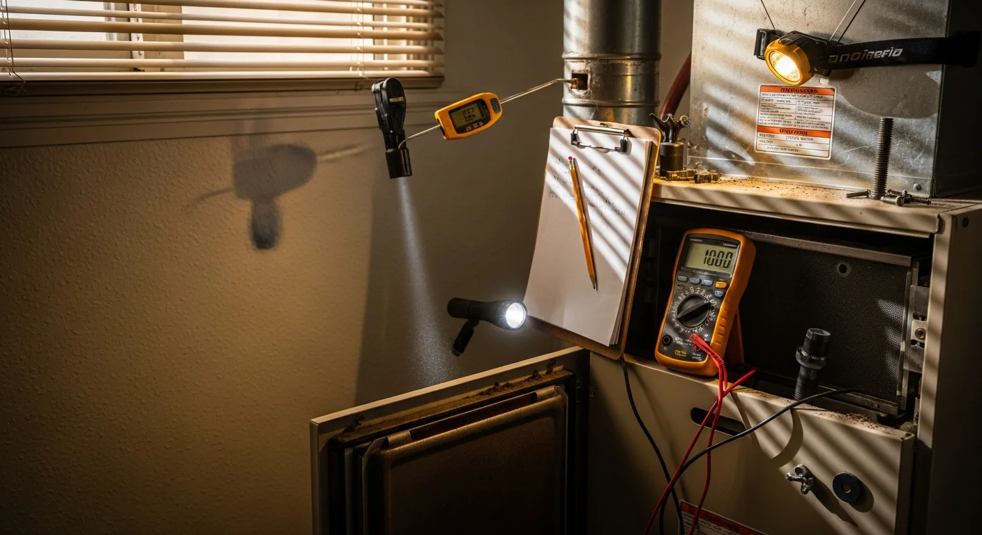 An Air-Craft Heating and Air technician inspecting the interior components of a residential furnace in a Rancho Cordova home. The technician examines the heat exchanger and burner assembly with a flashlight during a routine heating system inspection.