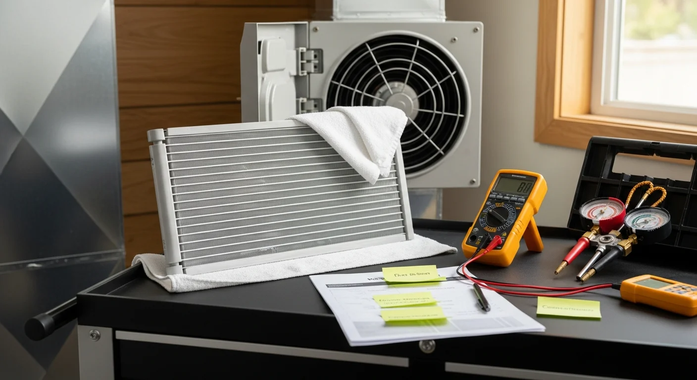 An Air-Craft Heating and Air technician inspecting an outdoor HVAC condenser unit at a single-family home in Rancho Cordova, California. The technician is checking coil condition and electrical connections during a seasonal maintenance visit.