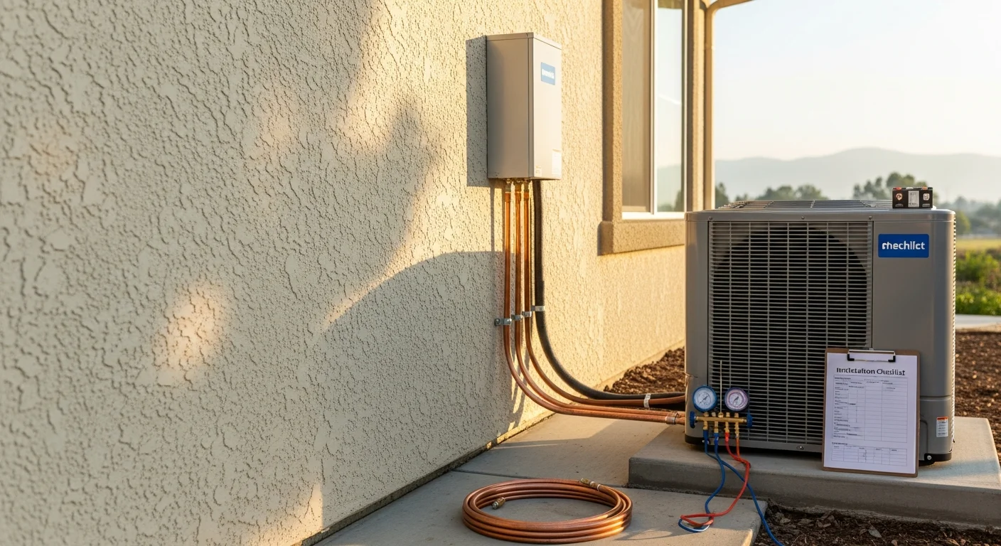 A wall-mounted mini split indoor unit installed in a Rancho Cordova living room, with the outdoor condenser unit mounted on a concrete pad along the side of a single-family home.